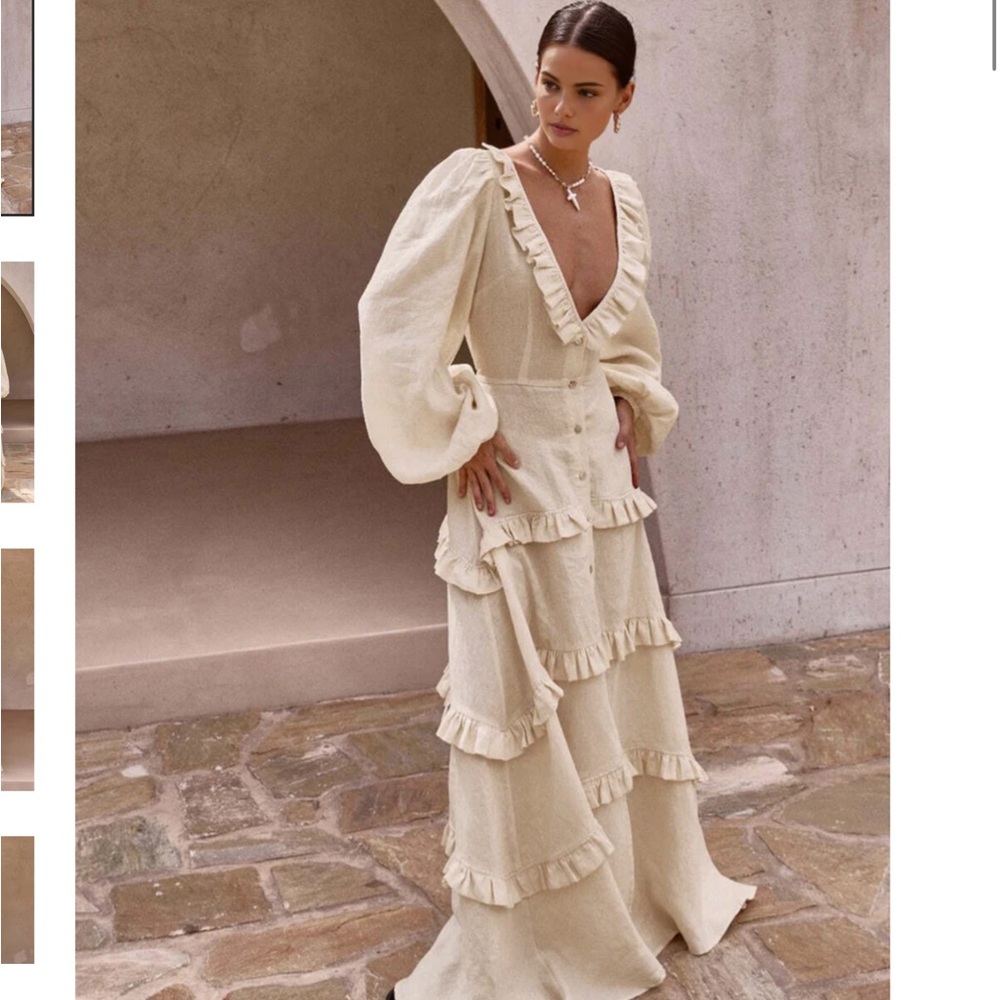 Commense Cotton & Linen Semi-Sheer Ruffle Trim Long Dress